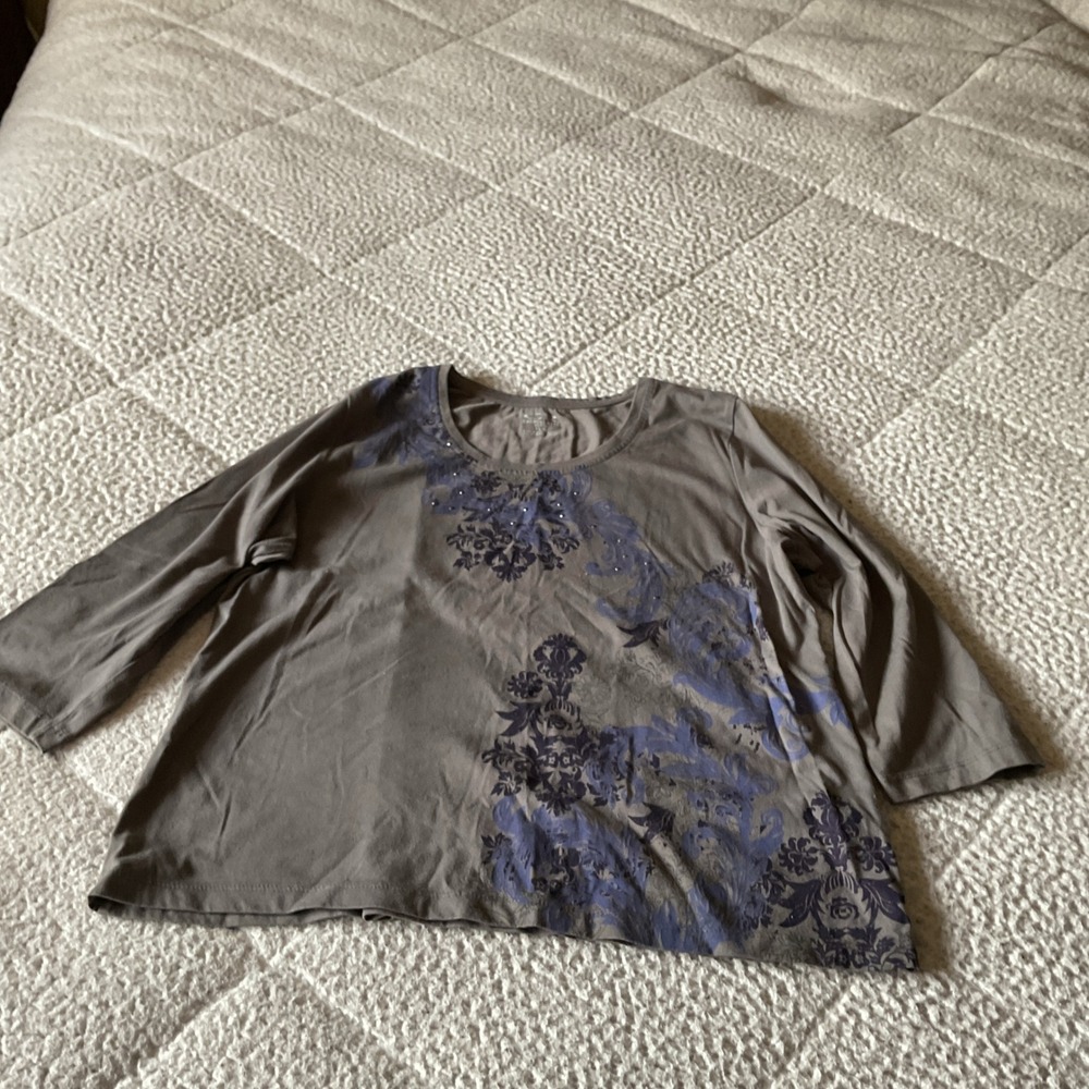 Carroll Reed Top Womens PL Gray Excellent Damask Rhinestone 3/4 Sleeve Tee